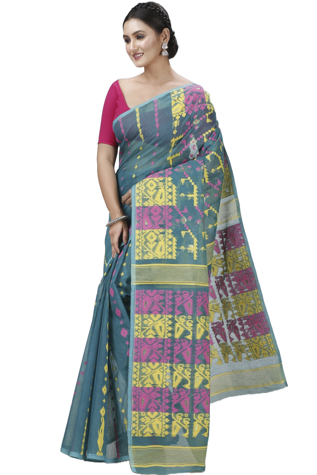 Green Blended Cotton Jaya Jamdani Saree (1106)